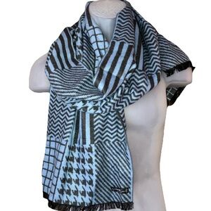 Chelsey by Joseph Brushed Silk Winter Scarf Blue Black Striped Reversible Unisex